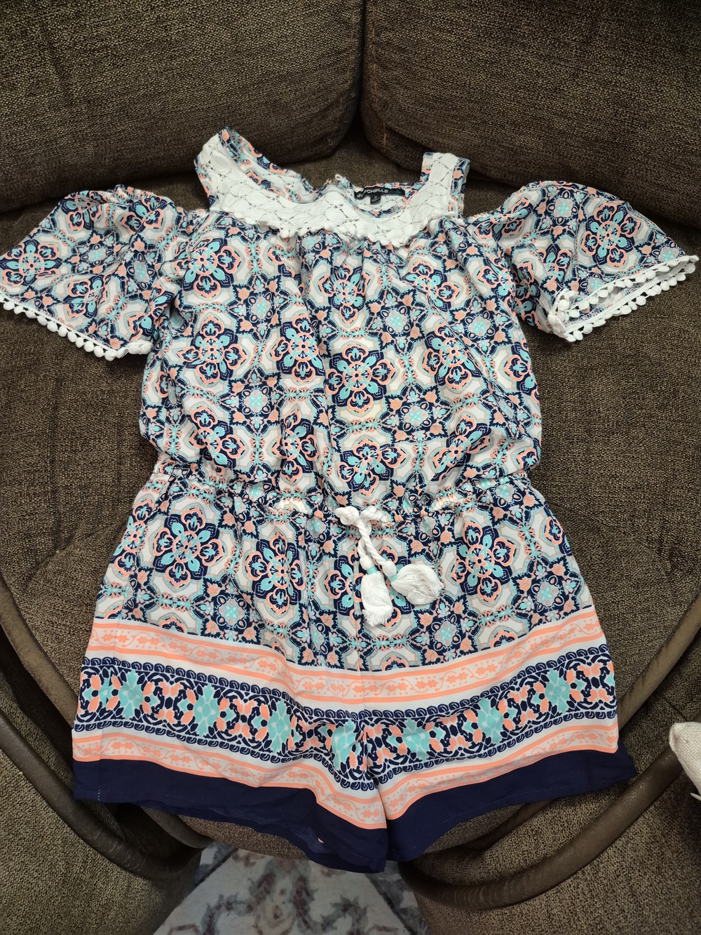 My Michelle Girls Lace-Back Romper in Navy, Coral & Teal